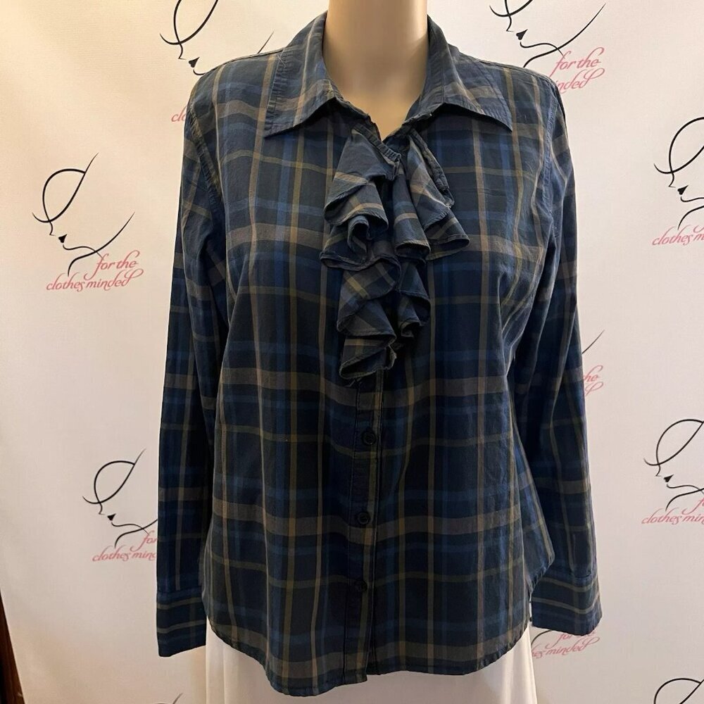 New Directions. Sz Large. Blue Plaid Long Sleeve Ruffled Cotton Shirt. B18